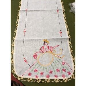 Vintage Table Runner Dresser Scarf Embroidered Lady Dark Hair Dress 12 x 32